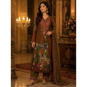 South Asian Salwar Kameez Tunic Womens Medium Olive Green Excellent Floral Kurti